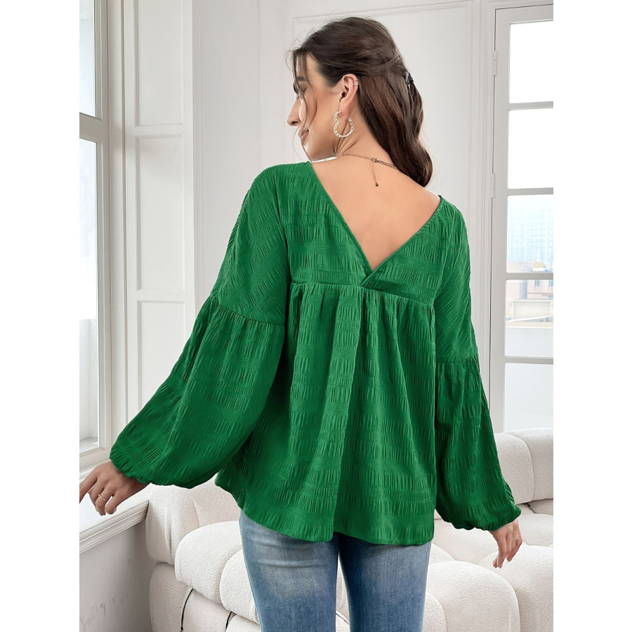 Plus Size Texture V-Neck Long Sleeve Top Dark Green / 0XL Apparel and Accessories