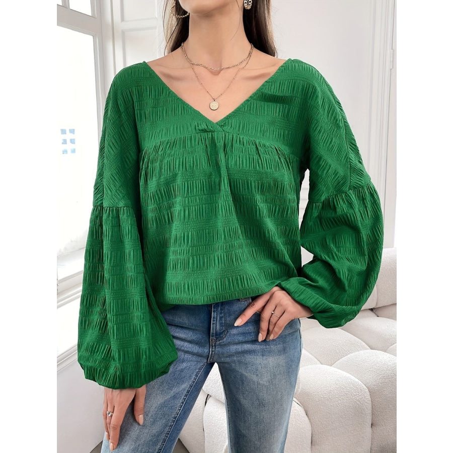 Plus Size Texture V-Neck Long Sleeve Top Apparel and Accessories