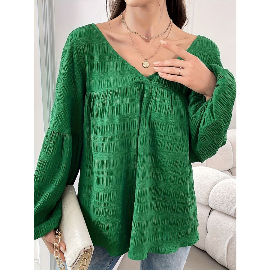 Plus Size Texture V-Neck Long Sleeve Top Apparel and Accessories