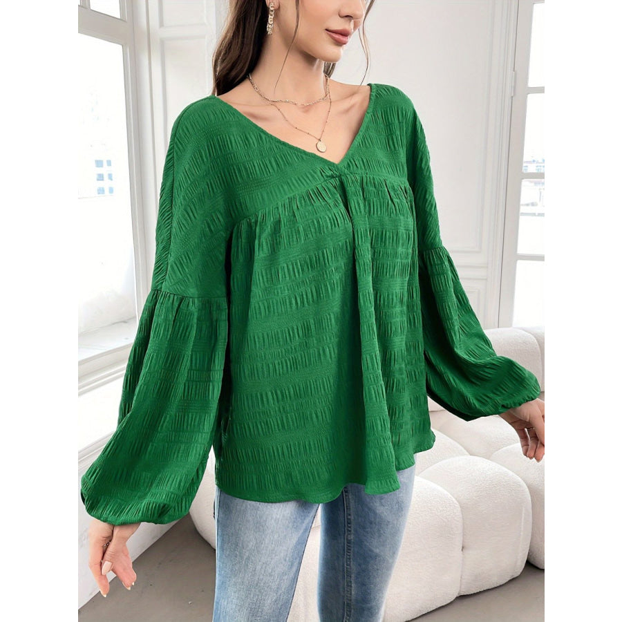 Plus Size Texture V-Neck Long Sleeve Top Dark Green / 0XL Apparel and Accessories