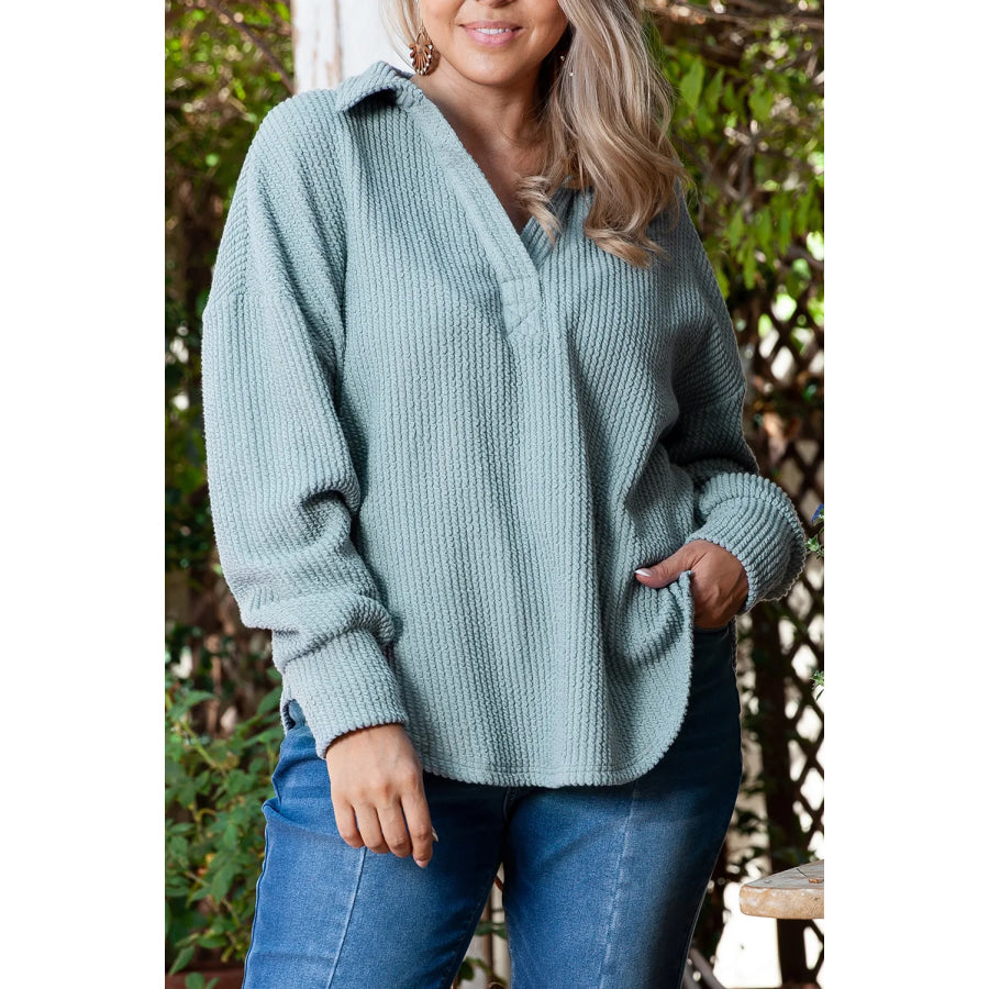 Plus Size Textured Johnny Collar Long Sleeve Sweatshirt Air Force Blue / 1XL Apparel and Accessories