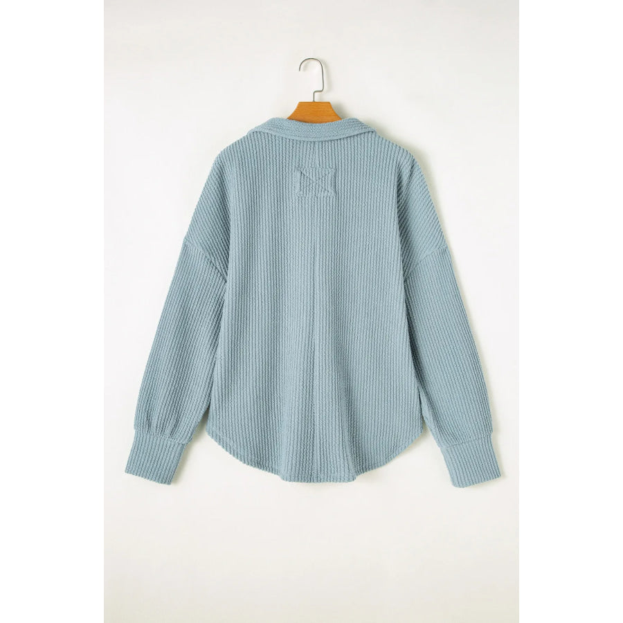 Plus Size Textured Johnny Collar Long Sleeve Sweatshirt Apparel and Accessories