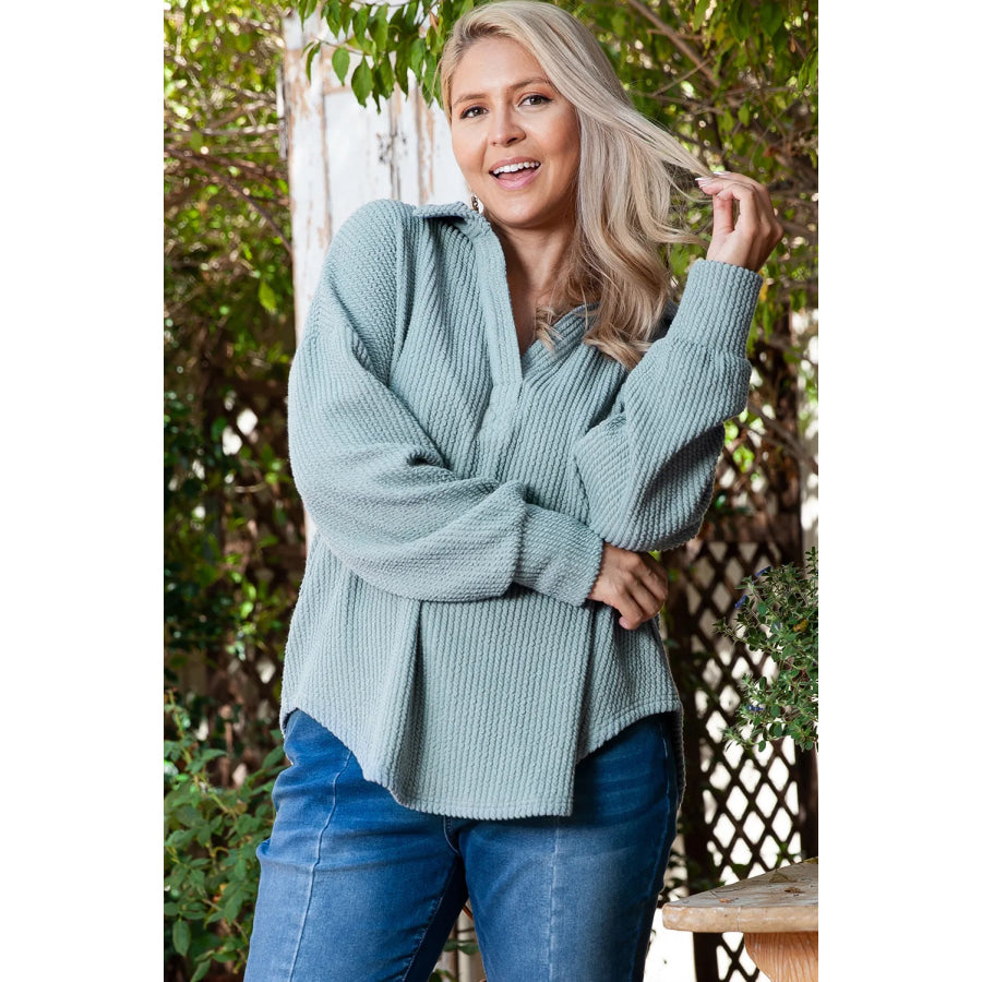 Plus Size Textured Johnny Collar Long Sleeve Sweatshirt Apparel and Accessories