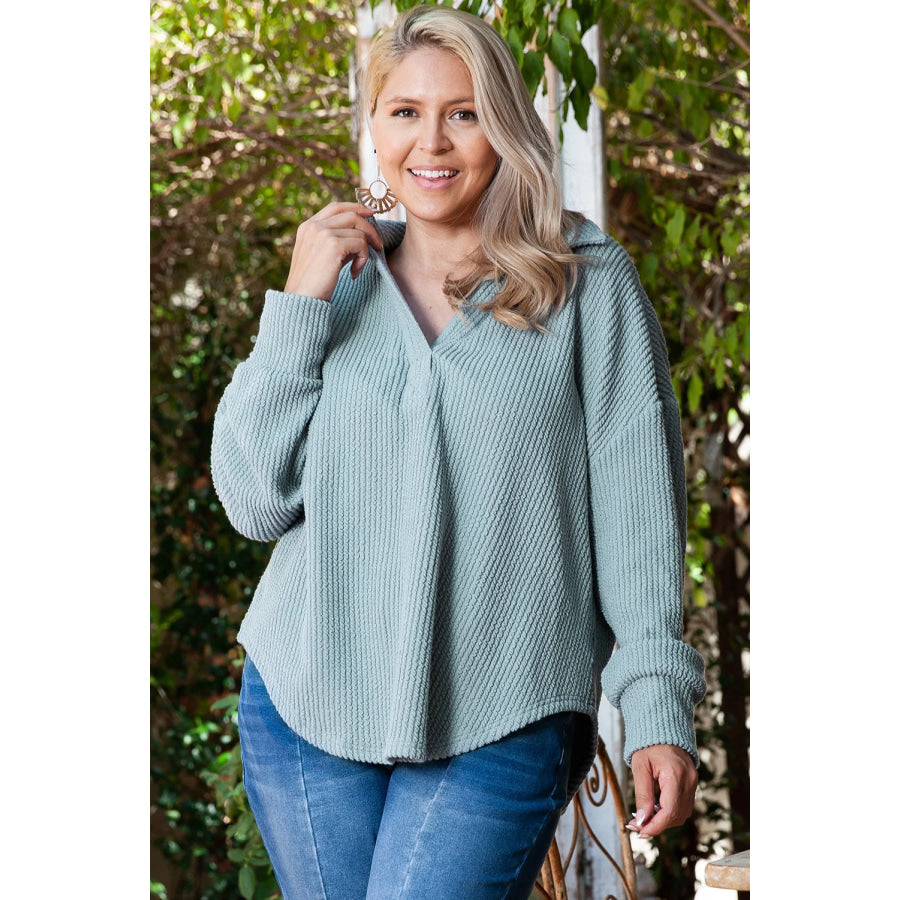 Plus Size Textured Johnny Collar Long Sleeve Sweatshirt Apparel and Accessories