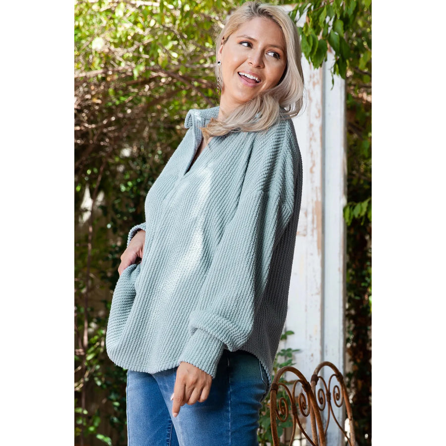 Plus Size Textured Johnny Collar Long Sleeve Sweatshirt Apparel and Accessories