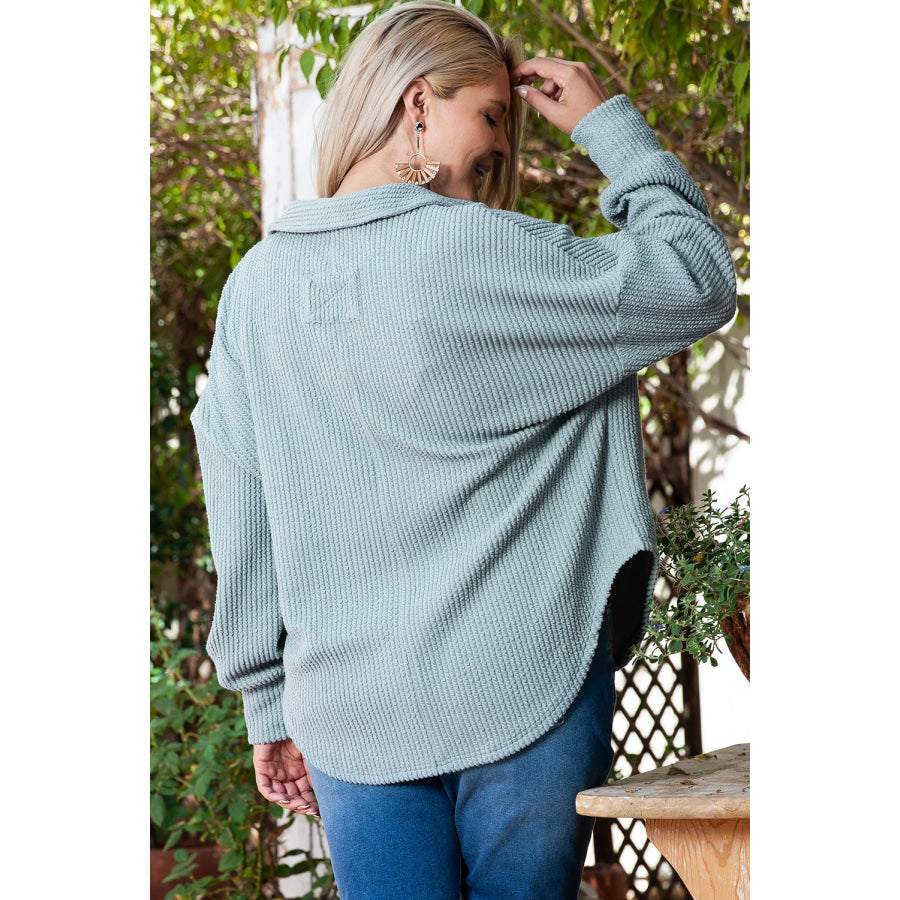 Plus Size Textured Johnny Collar Long Sleeve Sweatshirt Apparel and Accessories