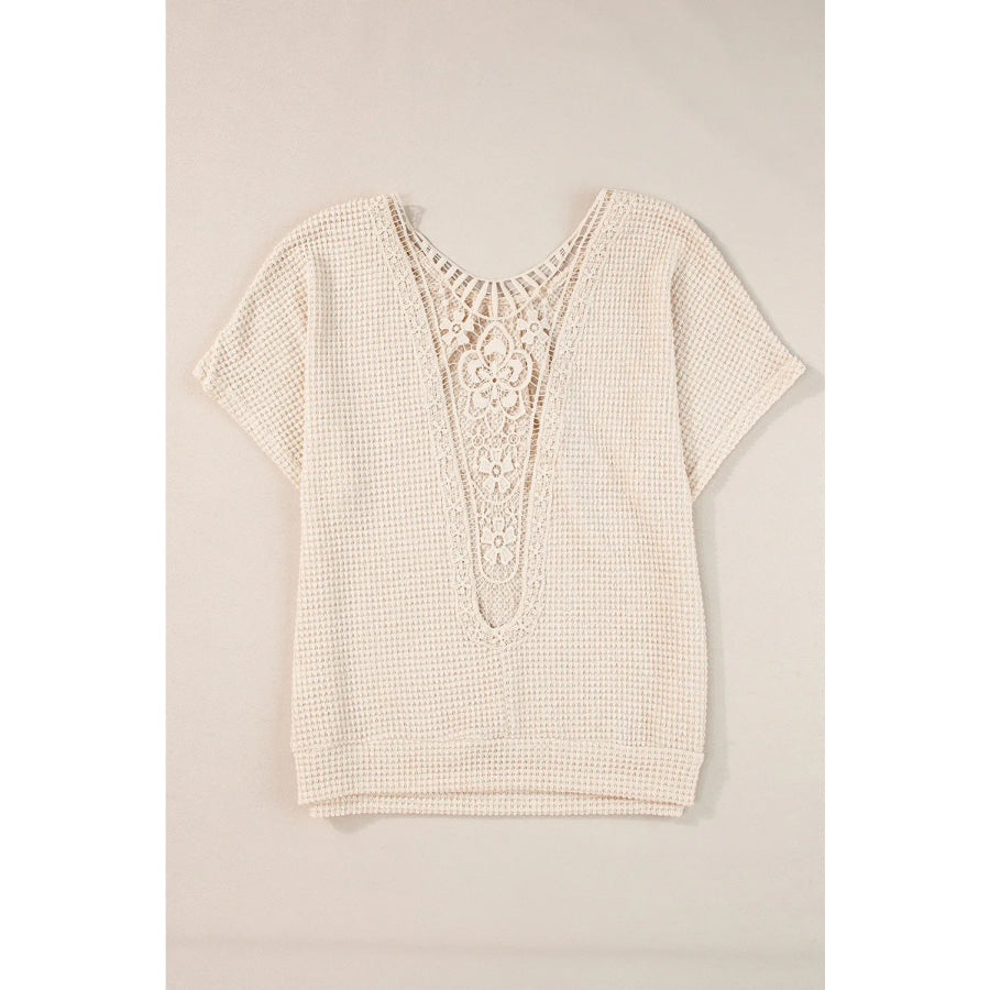 Plus Size Textured Lace Round Neck Short Sleeve T-Shirt Apparel and Accessories