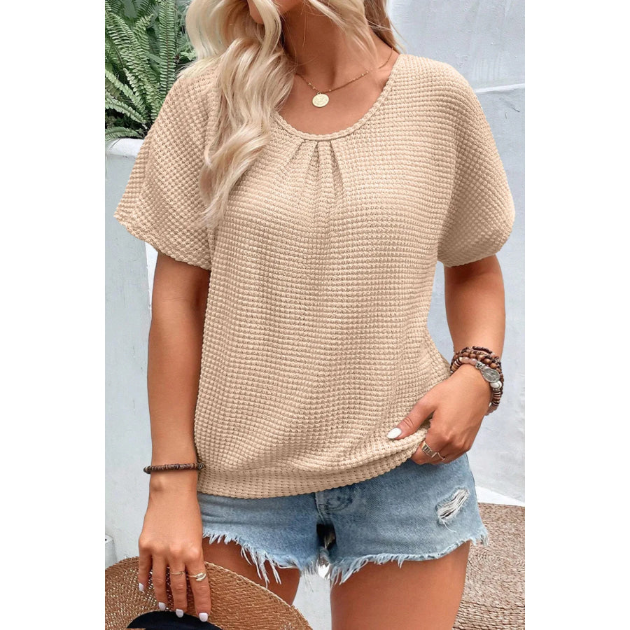 Plus Size Textured Lace Round Neck Short Sleeve T-Shirt Tan / 1XL Apparel and Accessories