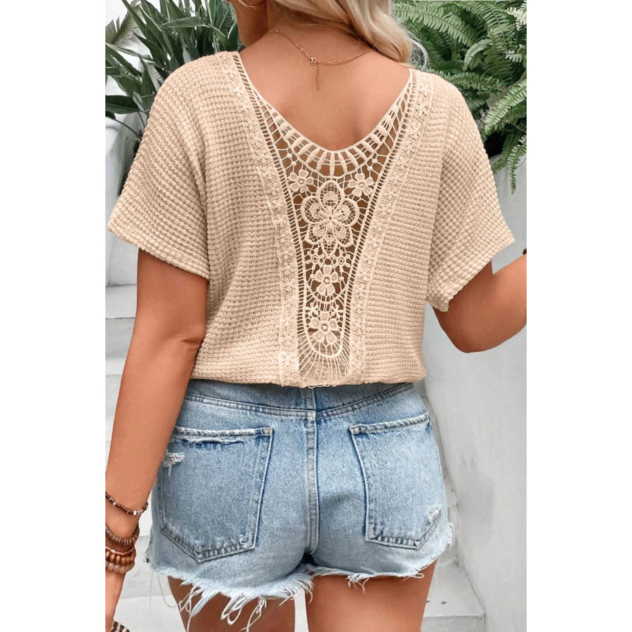 Plus Size Textured Lace Round Neck Short Sleeve T-Shirt Tan / 1XL Apparel and Accessories
