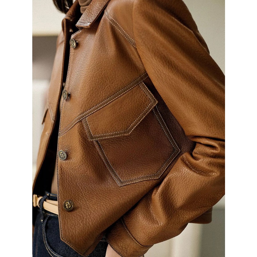 Plus Size Textured Leather Button Up Jacket Apparel and Accessories