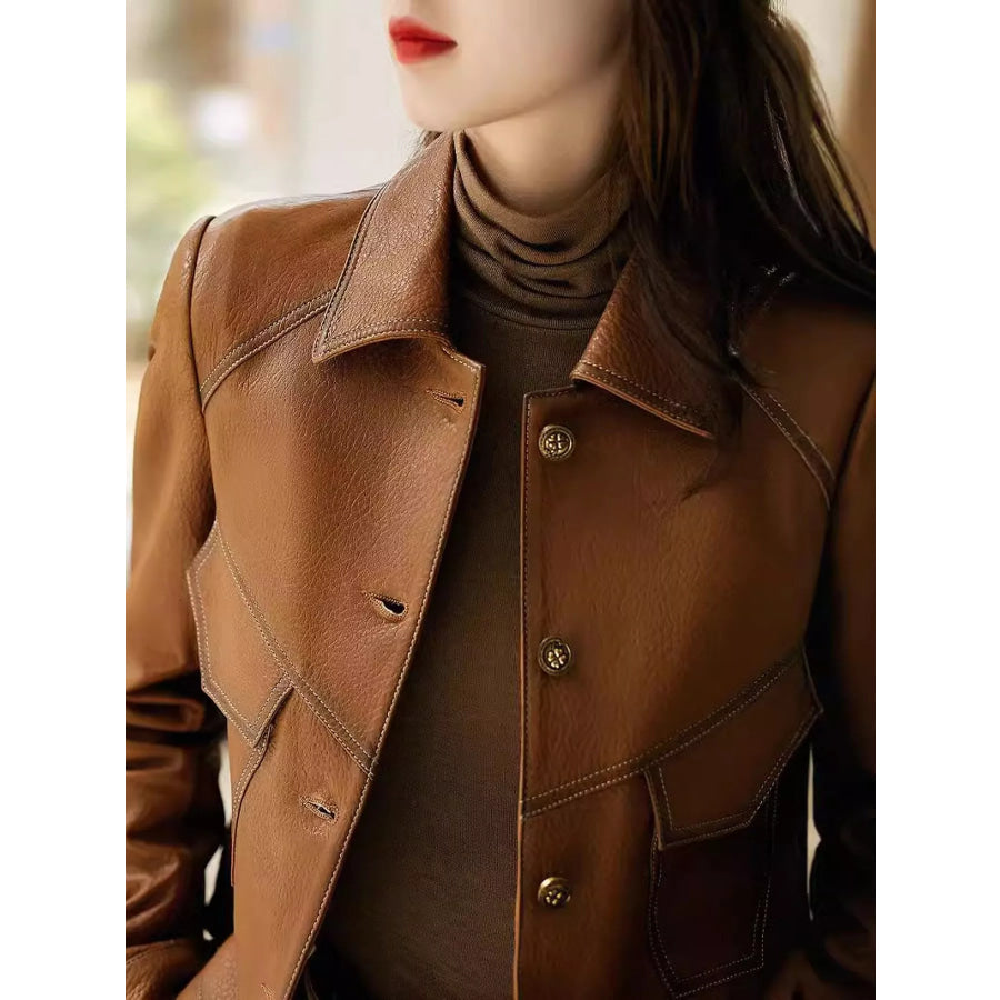 Plus Size Textured Leather Button Up Jacket Apparel and Accessories