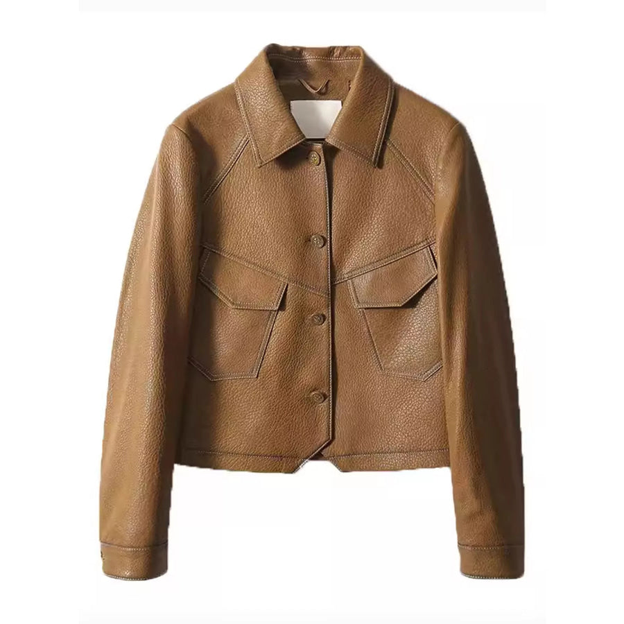 Plus Size Textured Leather Button Up Jacket Apparel and Accessories