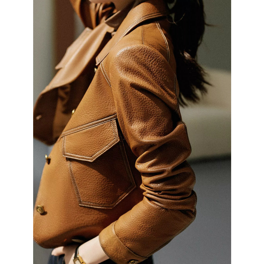 Plus Size Textured Leather Button Up Jacket Apparel and Accessories