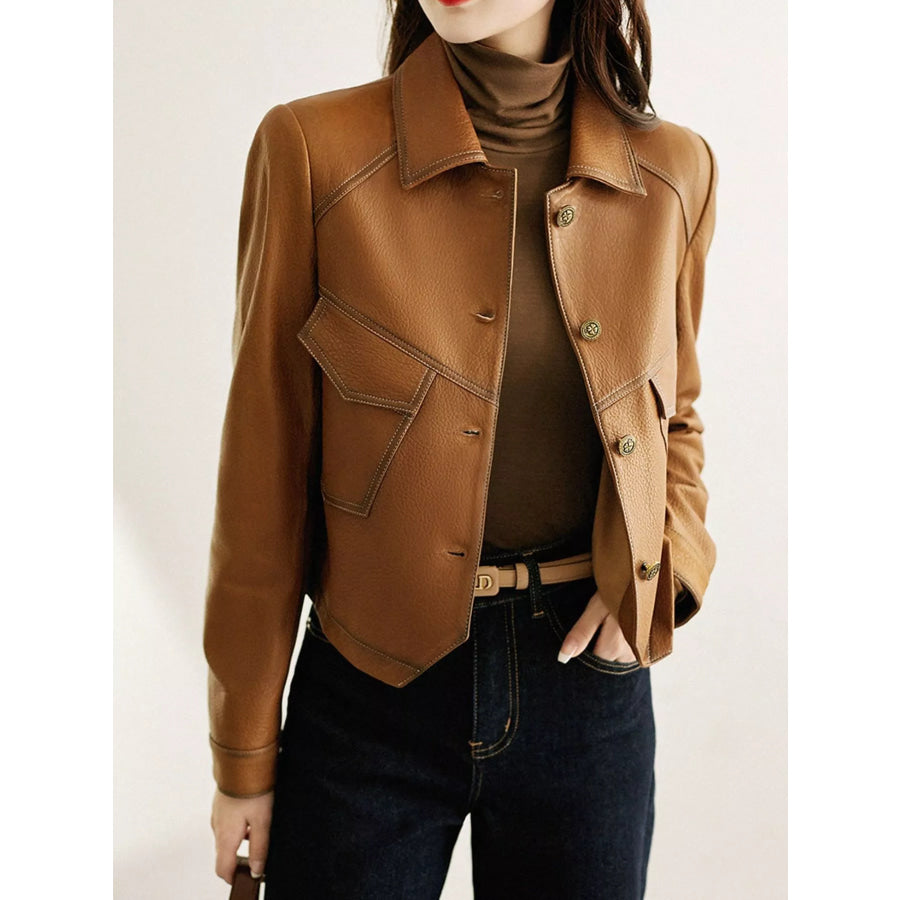 Plus Size Textured Leather Button Up Jacket Apparel and Accessories