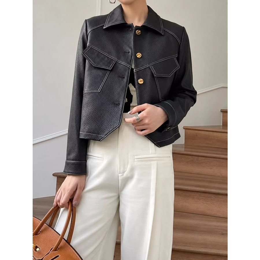 Plus Size Textured Leather Button Up Jacket Black / M Apparel and Accessories
