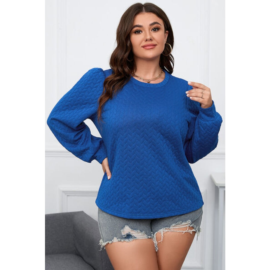 Plus Size Textured Round Neck Long Sleeve Top Cobalt Blue / 1XL Clothing