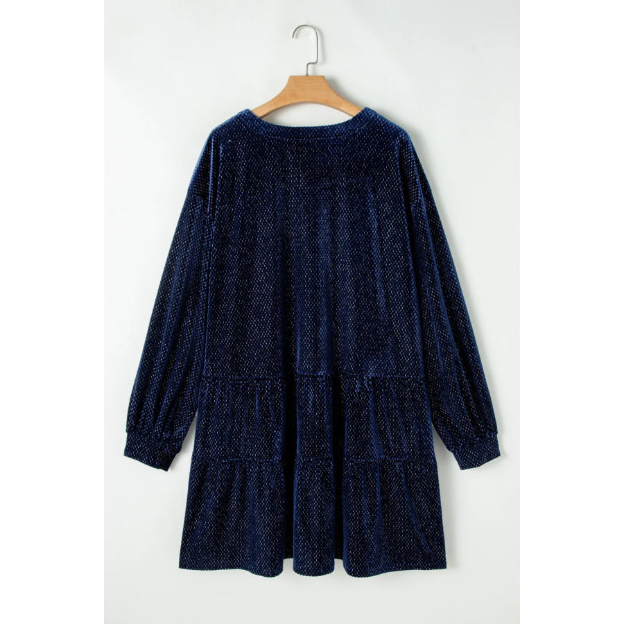 Plus Size Textured Velvet Decorative Button Long Sleeve Dress Apparel and Accessories