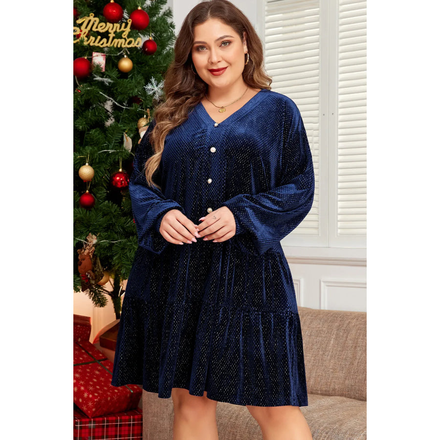 Plus Size Textured Velvet Decorative Button Long Sleeve Dress Dark Navy / 1XL Apparel and Accessories