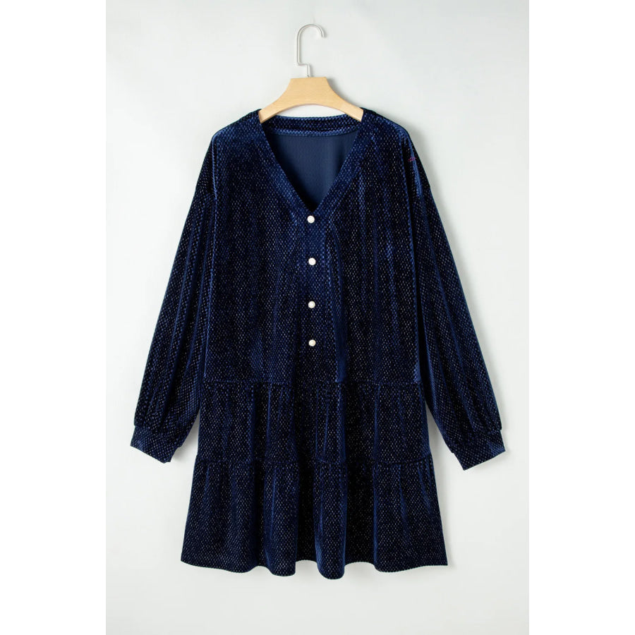 Plus Size Textured Velvet Decorative Button Long Sleeve Dress Apparel and Accessories