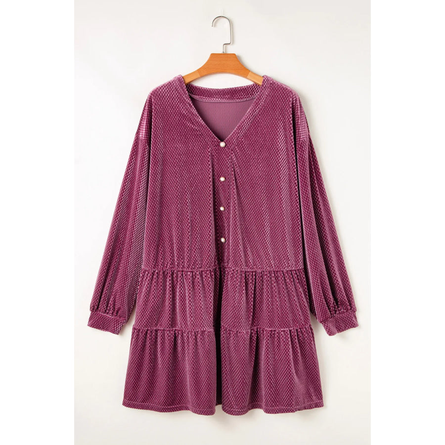 Plus Size Textured Velvet Decorative Button Long Sleeve Dress Moonlit Mauve / 1XL Apparel and Accessories