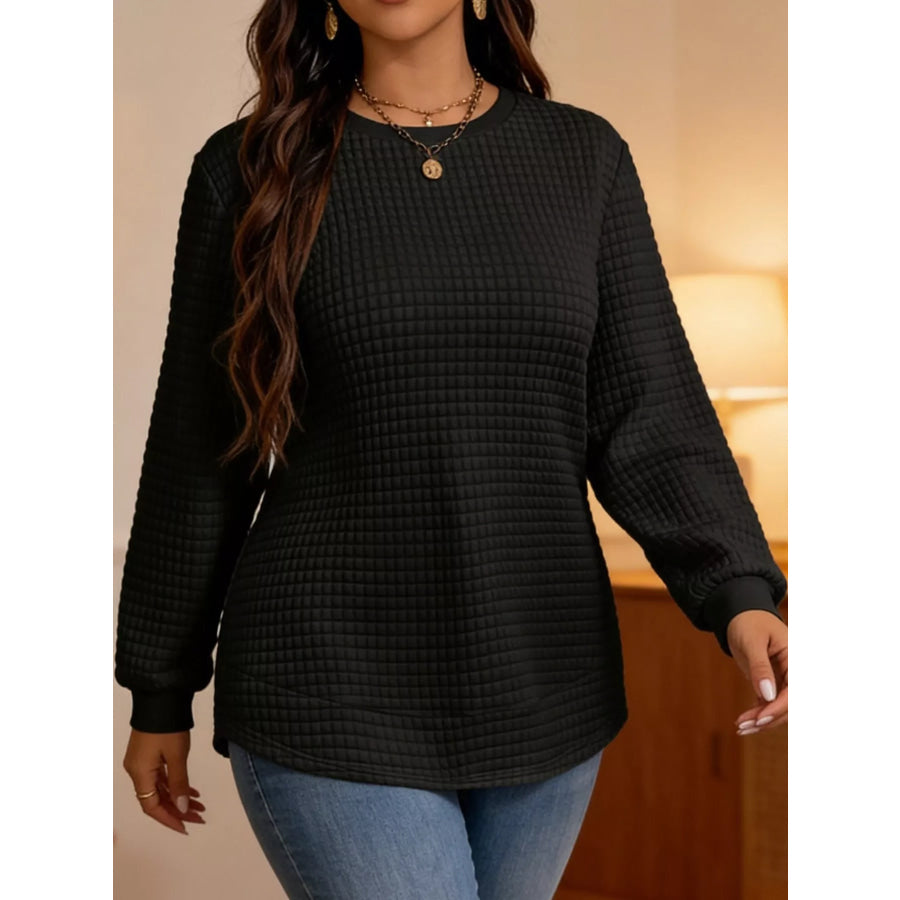 Plus Size Textured Waffle Knit Crew Neck Sweatshirt Apparel and Accessories