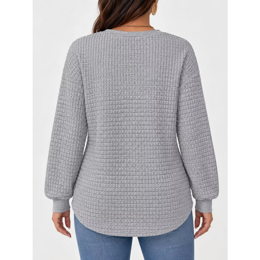 Plus Size Textured Waffle Knit Crew Neck Sweatshirt Apparel and Accessories