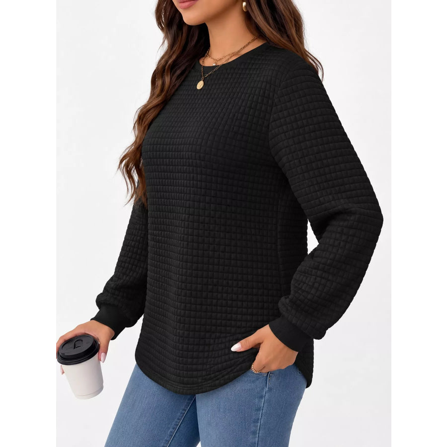 Plus Size Textured Waffle Knit Crew Neck Sweatshirt Apparel and Accessories