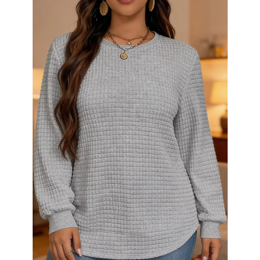 Plus Size Textured Waffle Knit Crew Neck Sweatshirt Apparel and Accessories