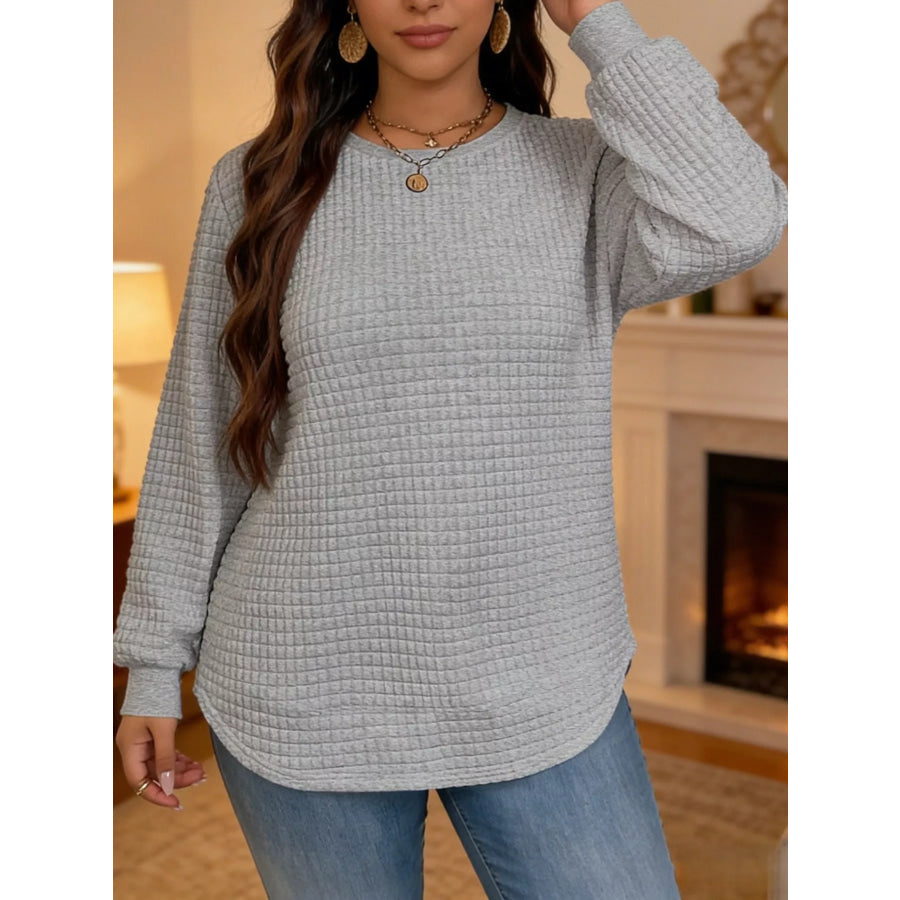 Plus Size Textured Waffle Knit Crew Neck Sweatshirt Apparel and Accessories