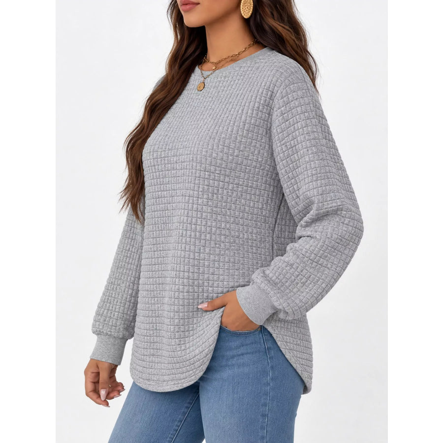 Plus Size Textured Waffle Knit Crew Neck Sweatshirt Apparel and Accessories
