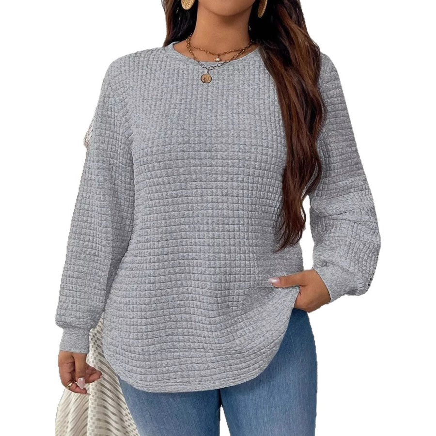 Plus Size Textured Waffle Knit Crew Neck Sweatshirt Apparel and Accessories