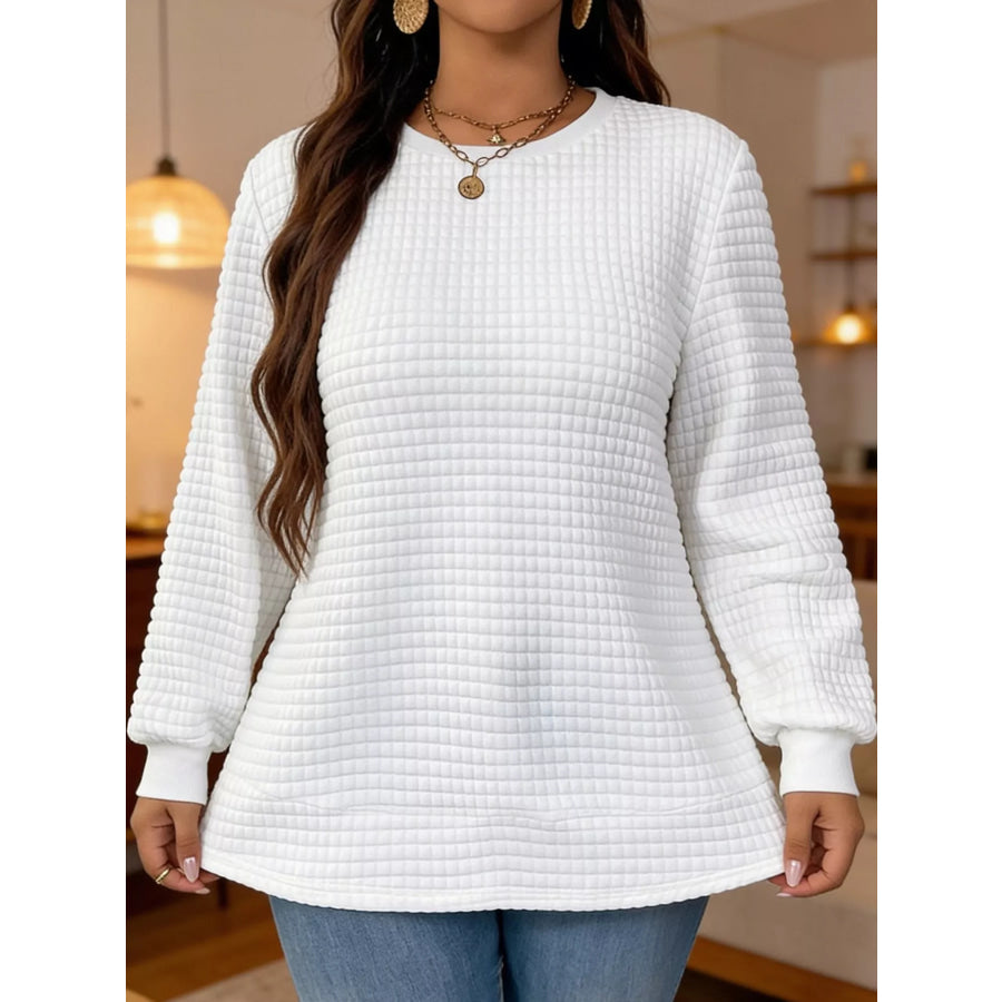 Plus Size Textured Waffle Knit Crew Neck Sweatshirt Apparel and Accessories