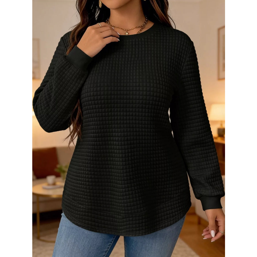 Plus Size Textured Waffle Knit Crew Neck Sweatshirt Apparel and Accessories