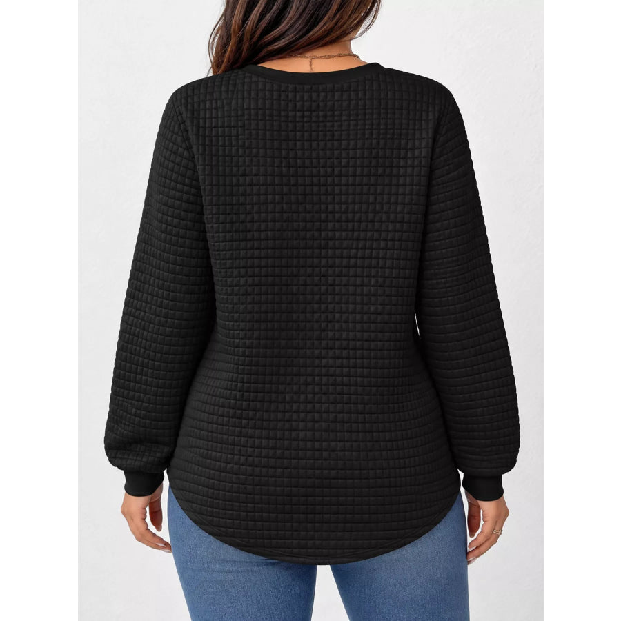 Plus Size Textured Waffle Knit Crew Neck Sweatshirt Apparel and Accessories