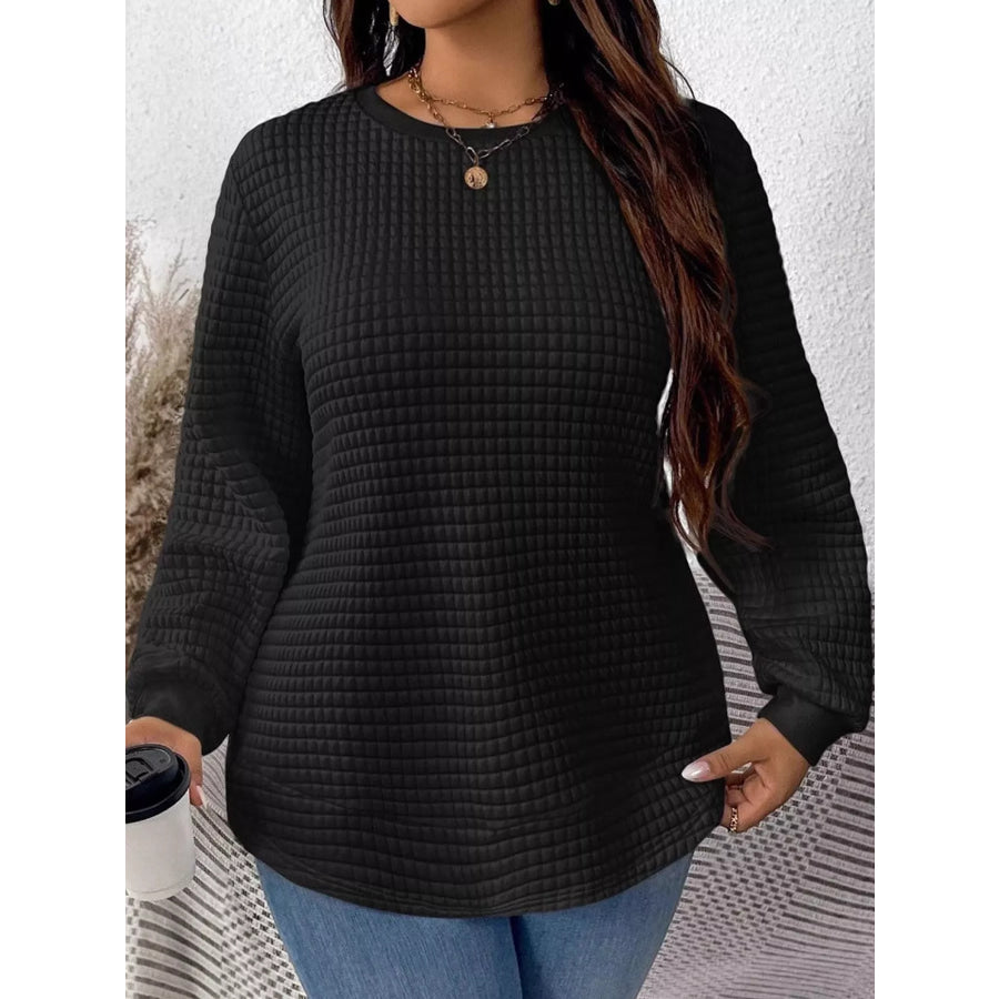 Plus Size Textured Waffle Knit Crew Neck Sweatshirt Black / XL Apparel and Accessories
