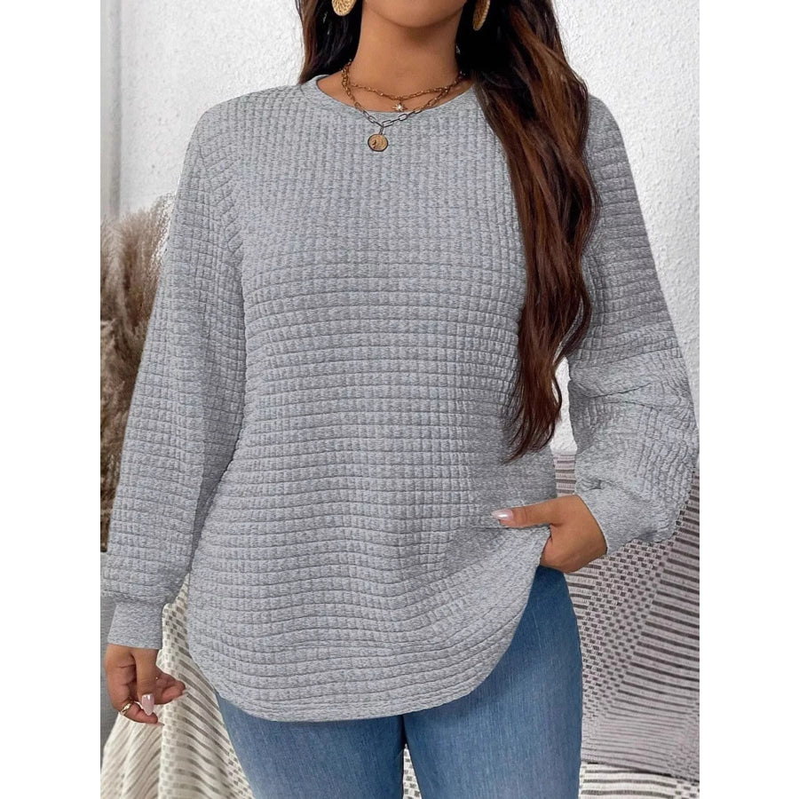 Plus Size Textured Waffle Knit Crew Neck Sweatshirt Gray / XL Apparel and Accessories