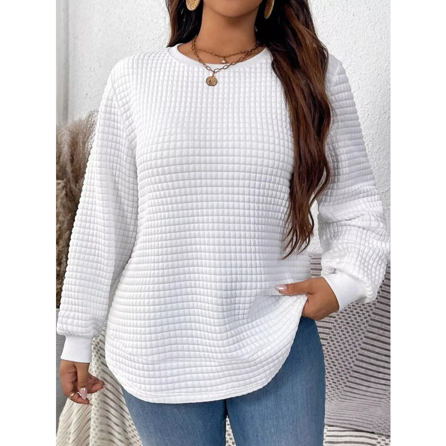 Plus Size Textured Waffle Knit Crew Neck Sweatshirt White / XL Apparel and Accessories