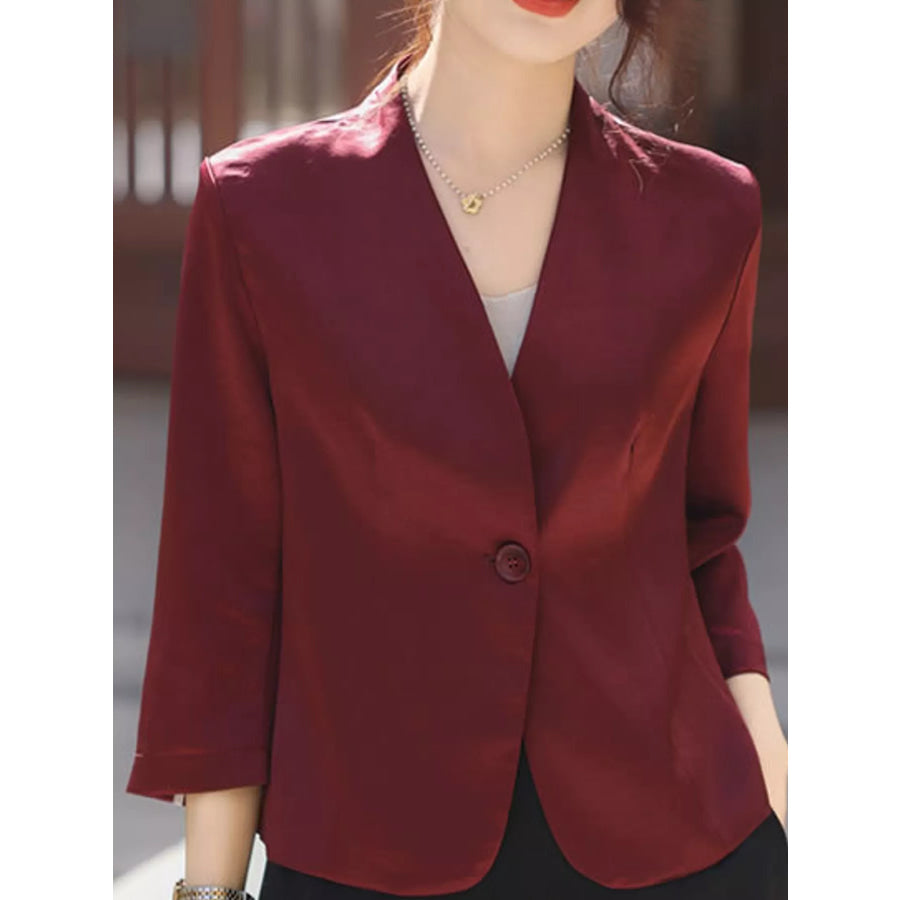 Plus Size Three-Quarter Sleeve One Button Blazer Apparel and Accessories