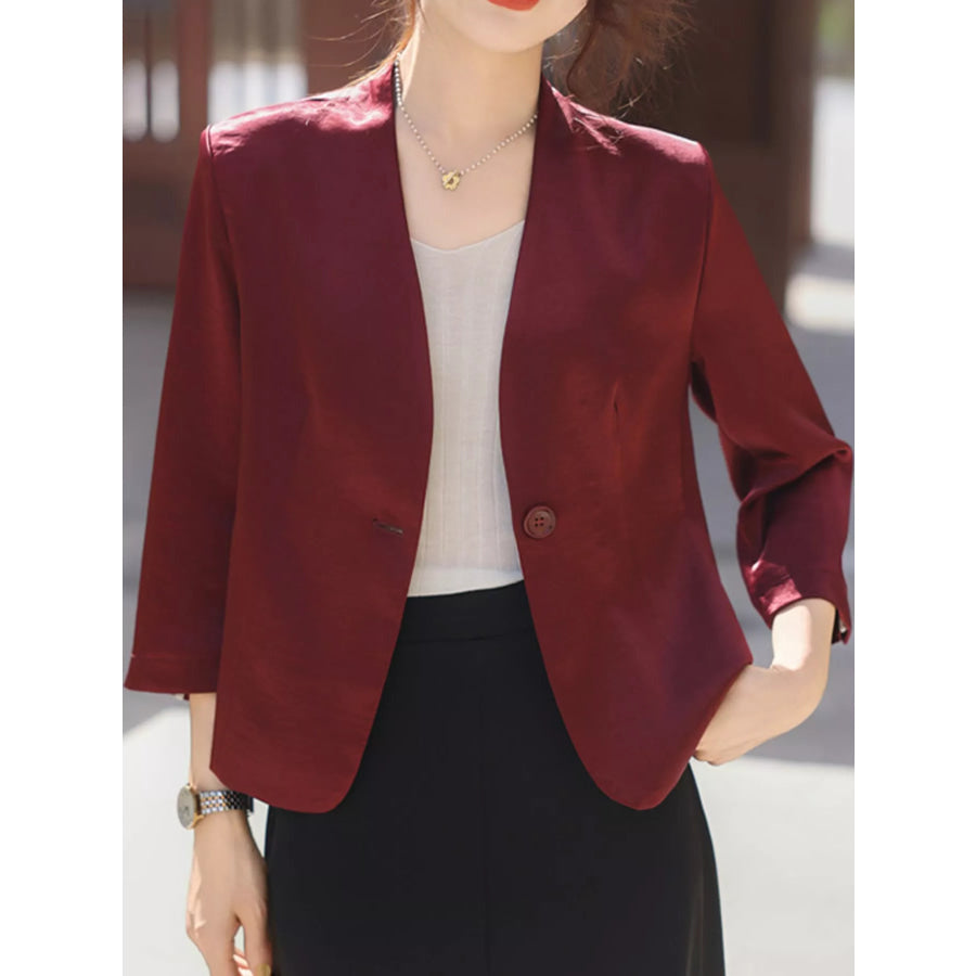 Plus Size Three-Quarter Sleeve One Button Blazer Apparel and Accessories