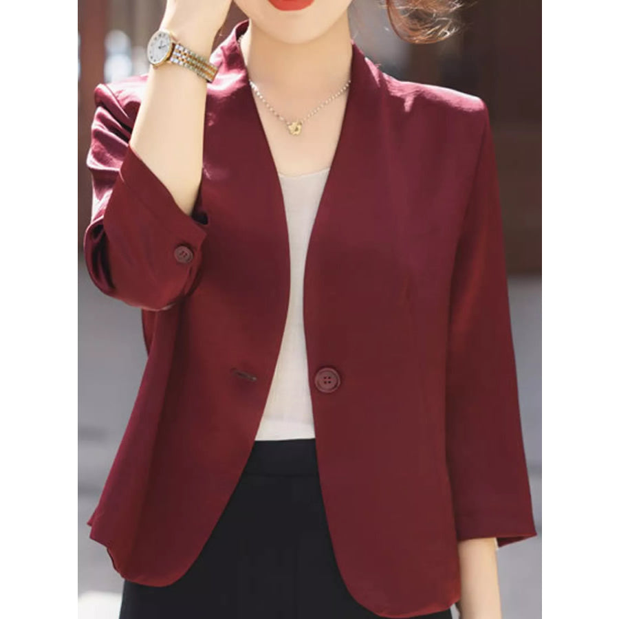 Plus Size Three-Quarter Sleeve One Button Blazer Burgundy / M Apparel and Accessories