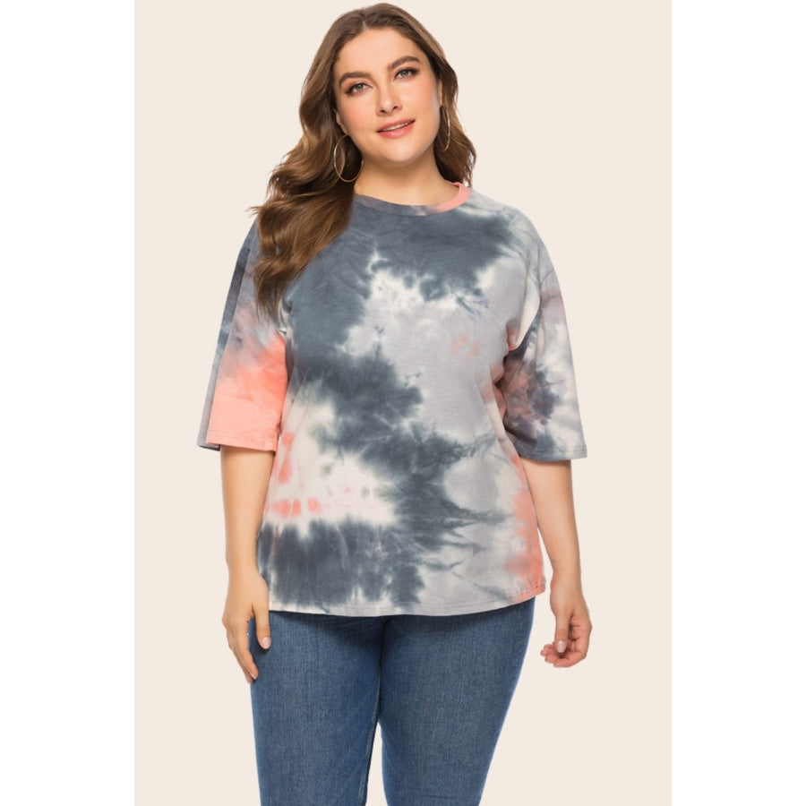 Plus Size Tie-Dye Half Sleeve Tee Shirt Mid Gray / XL