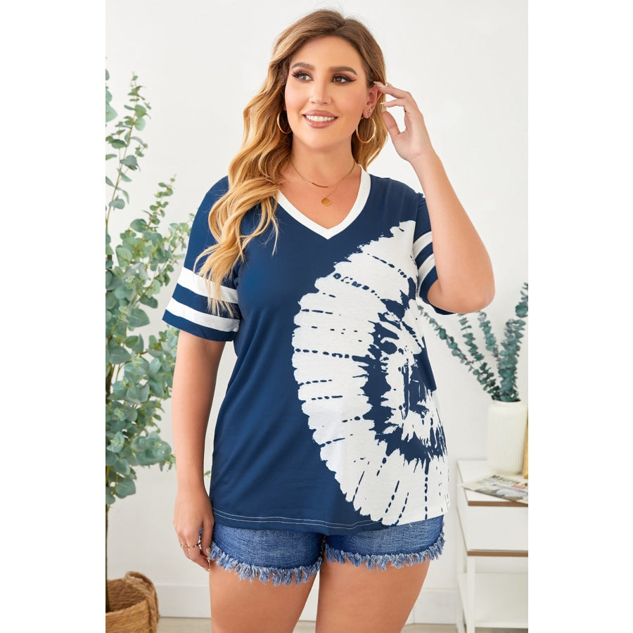 Plus Size Tie-Dye V-Neck Tee Shirt French Blue / 1X