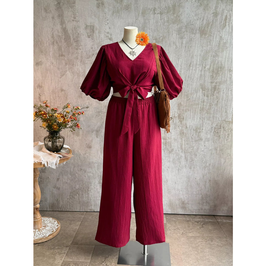 Plus Size Tie-Front Puff Sleeve Top and Wide-Leg Pants Set Apparel and Accessories