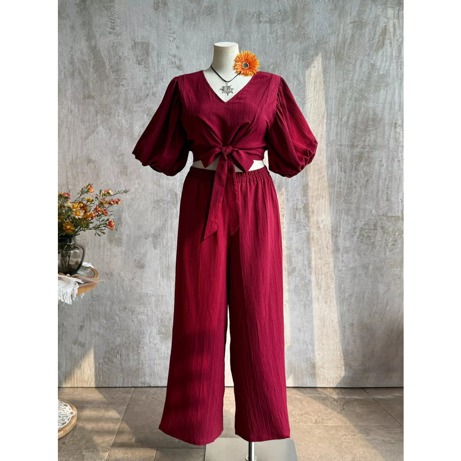 Plus Size Tie-Front Puff Sleeve Top and Wide-Leg Pants Set Deep Red / 0XL Apparel and Accessories