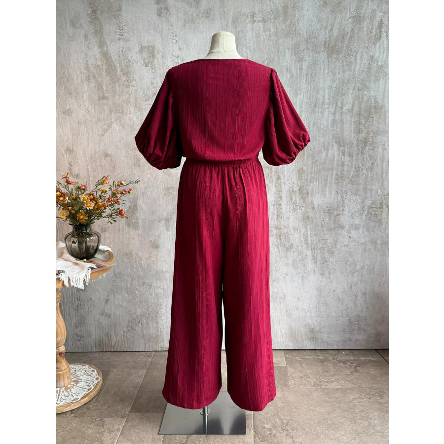 Plus Size Tie-Front Puff Sleeve Top and Wide-Leg Pants Set Apparel and Accessories