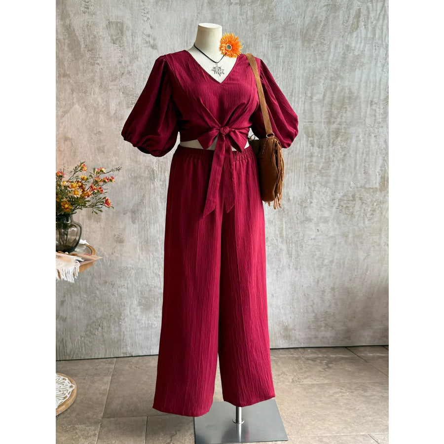 Plus Size Tie-Front Puff Sleeve Top and Wide-Leg Pants Set Apparel and Accessories