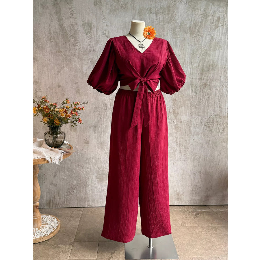 Plus Size Tie-Front Puff Sleeve Top and Wide-Leg Pants Set Deep Red / 0XL Apparel and Accessories