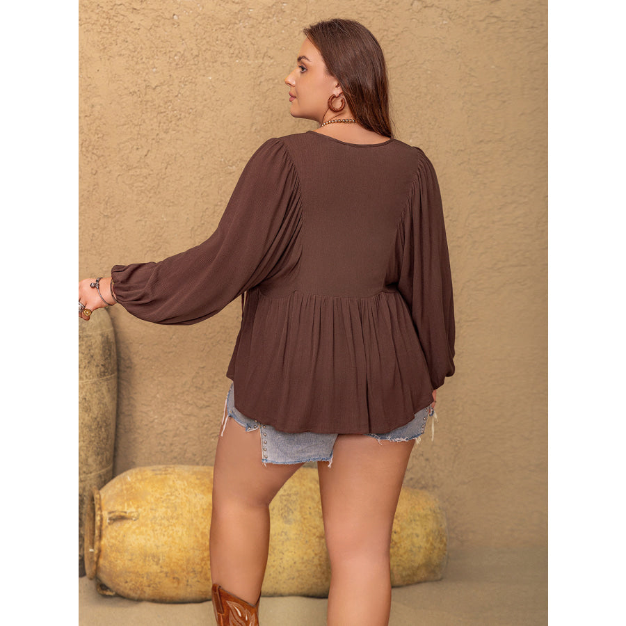 Plus Size Tie Neck Balloon Sleeve Blouse Brown / 1XL Apparel and Accessories