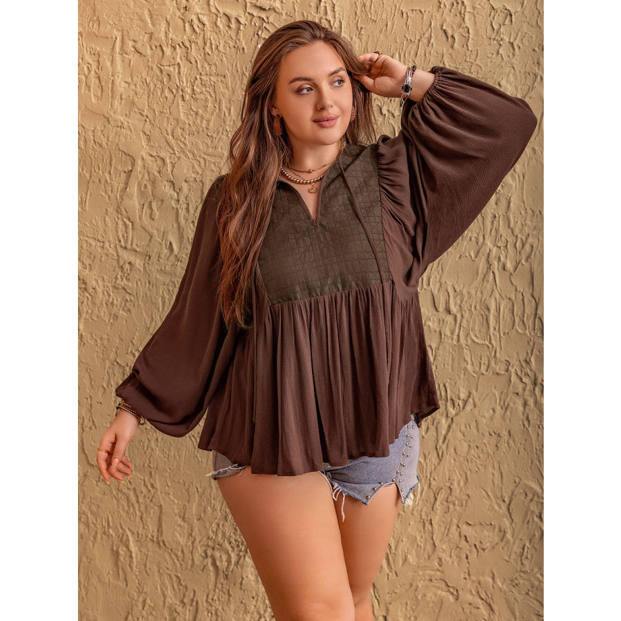 Plus Size Tie Neck Balloon Sleeve Blouse Apparel and Accessories