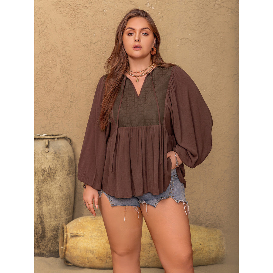 Plus Size Tie Neck Balloon Sleeve Blouse Brown / 1XL Apparel and Accessories